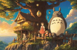 Detailed Studio Ghibli poster with whimsical tree, rustic house, characters from various films, and excellent use of lighting for a warm, golden glow