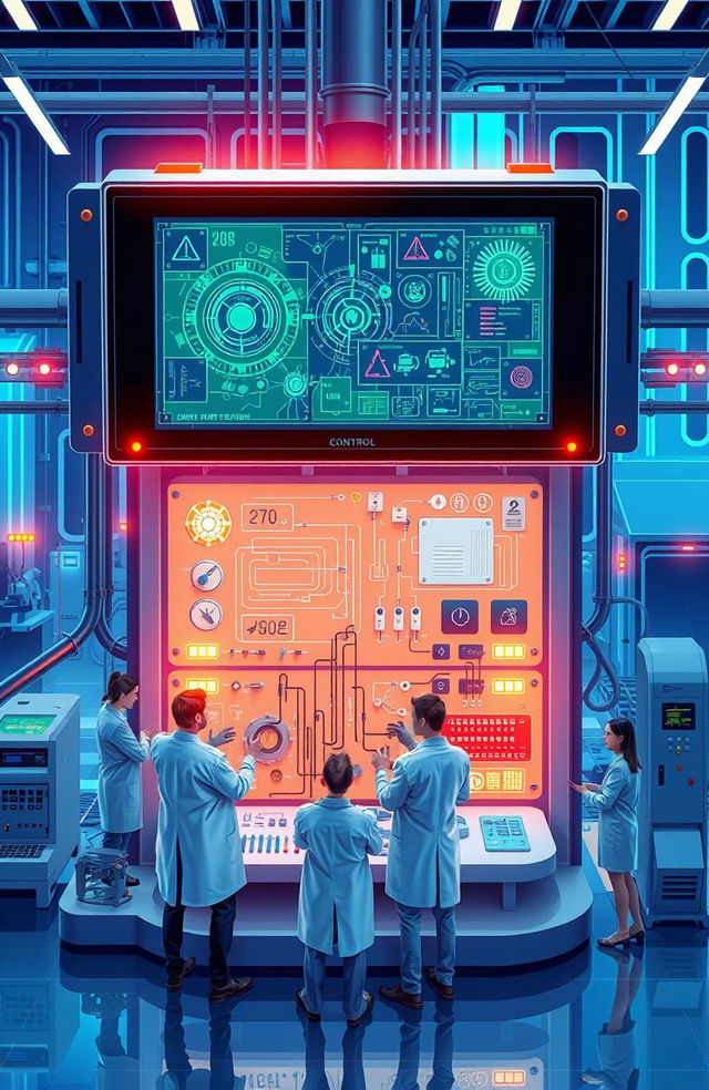 A visually captivating illustration of a control system displayed in a modern, high-tech environment