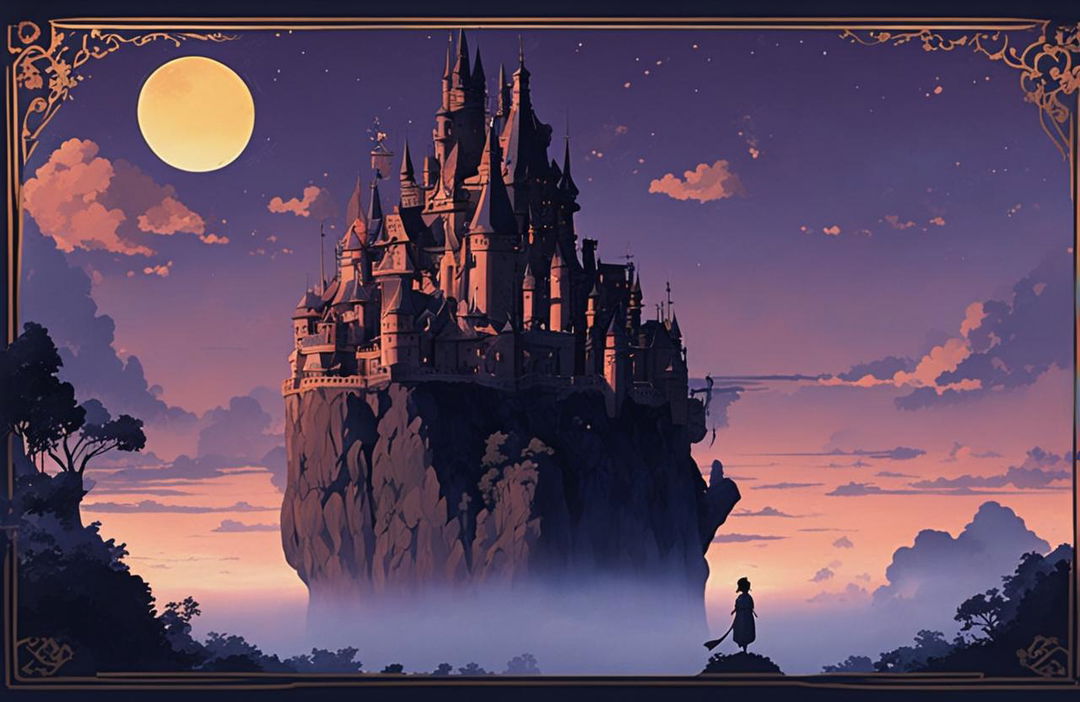 Detailed Studio Ghibli poster featuring a floating castle in twilight hues with excellent use of lighting