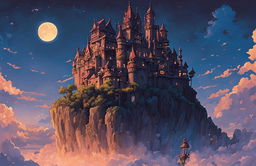 Detailed Studio Ghibli poster featuring a floating castle in twilight hues with excellent use of lighting