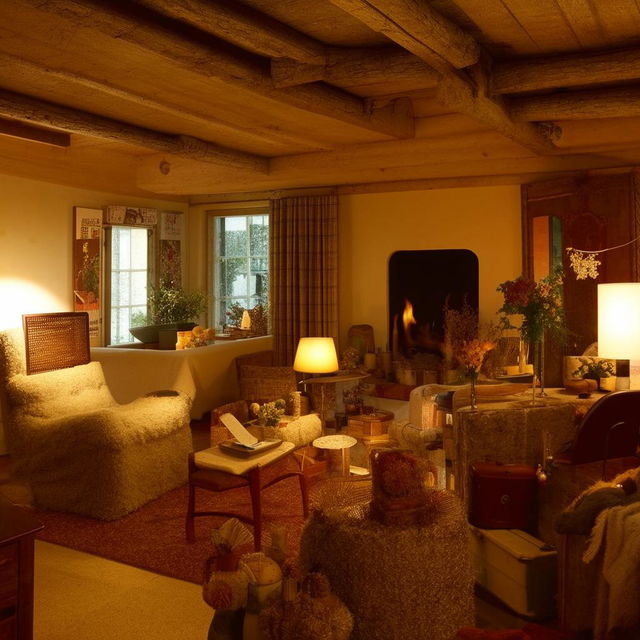 A room filled with various pieces of furniture and decor, featuring a cozy atmosphere with warm lighting