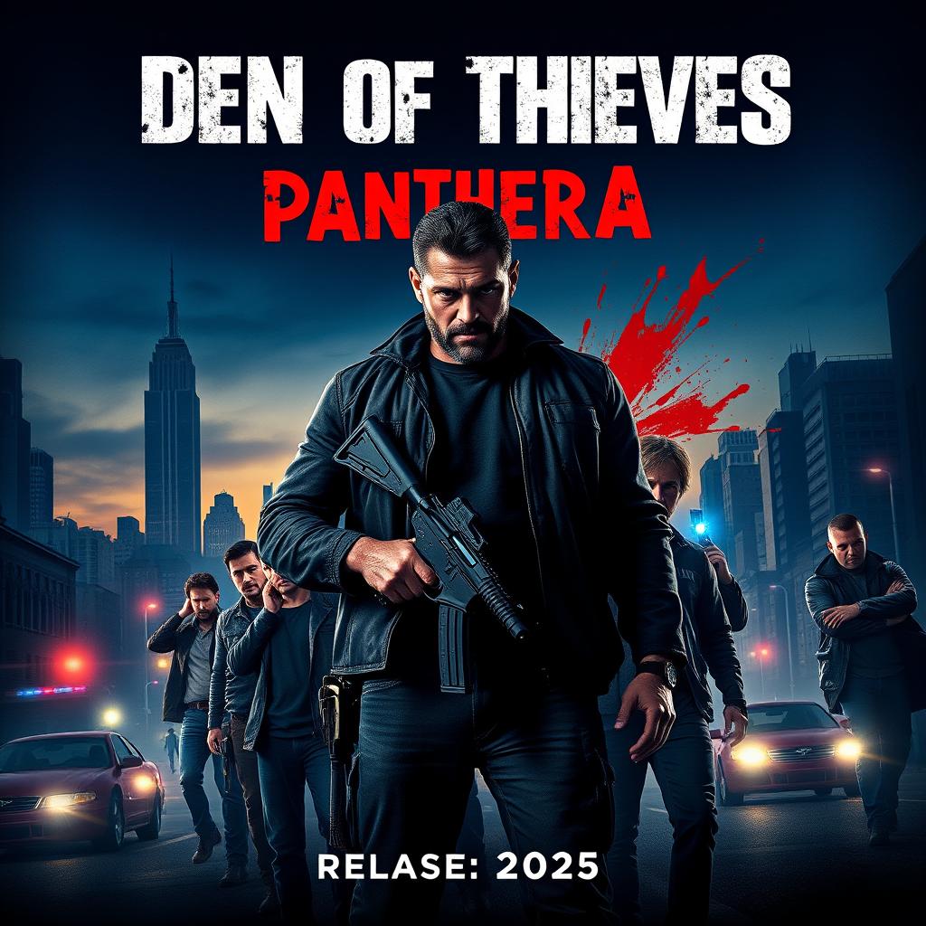 A gripping movie poster for 'Den of Thieves 2: Pantera', showcasing a tense and action-packed atmosphere