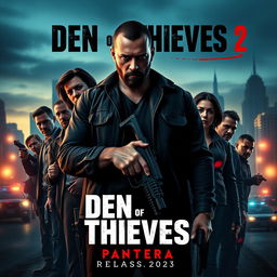 A gripping movie poster for 'Den of Thieves 2: Pantera', showcasing a tense and action-packed atmosphere