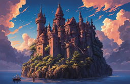 Detailed Studio Ghibli poster featuring a floating castle in twilight hues with excellent use of lighting