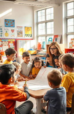 A vibrant and engaging school scene featuring a diverse group of students interacting in a colorful classroom