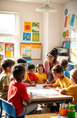A vibrant and engaging school scene featuring a diverse group of students interacting in a colorful classroom