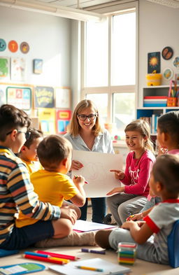 A vibrant and engaging school scene featuring a diverse group of students interacting in a colorful classroom