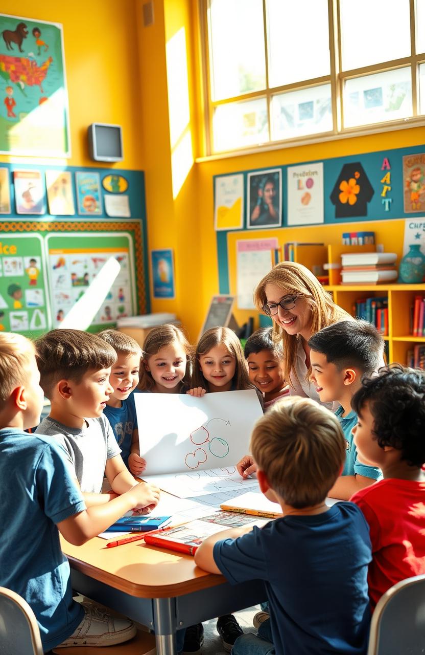 A vibrant and engaging school scene featuring a diverse group of students interacting in a colorful classroom