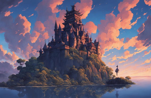 Detailed Studio Ghibli poster featuring a floating castle in twilight hues with excellent use of lighting