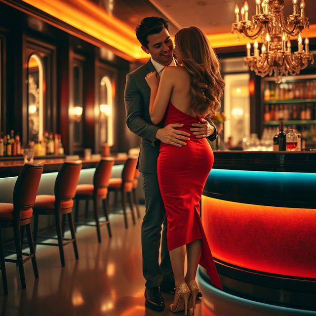 A sexy girl in a stunning red dress and high heels, exuding confidence as she stands in an elegant bar