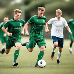 A vibrant white male soccer team in action on a green, well-maintained soccer field