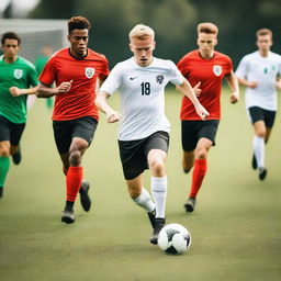 A vibrant white male soccer team in action on a green, well-maintained soccer field