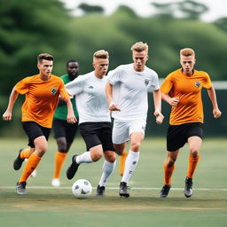 A vibrant white male soccer team in action on a green, well-maintained soccer field