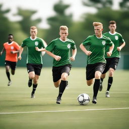 A vibrant white male soccer team in action on a green, well-maintained soccer field