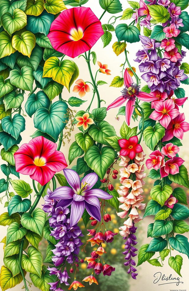 A vibrant and lush botanical illustration featuring various kinds of vines, such as the hearty ivy, vibrant morning glory, exotic passionflower, and fragrant wisteria