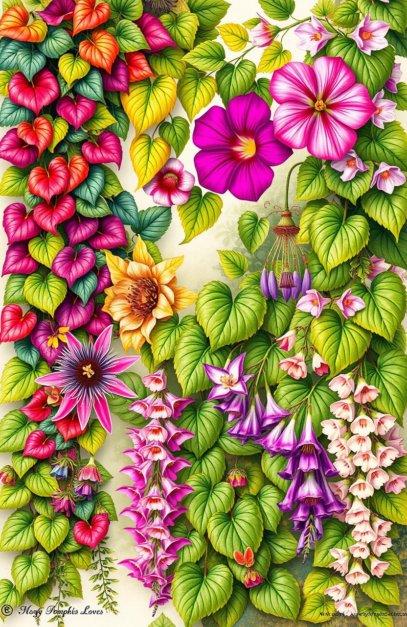 A vibrant and lush botanical illustration featuring various kinds of vines, such as the hearty ivy, vibrant morning glory, exotic passionflower, and fragrant wisteria