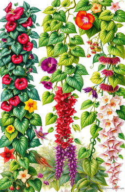 A vibrant and lush botanical illustration featuring various kinds of vines, such as the hearty ivy, vibrant morning glory, exotic passionflower, and fragrant wisteria
