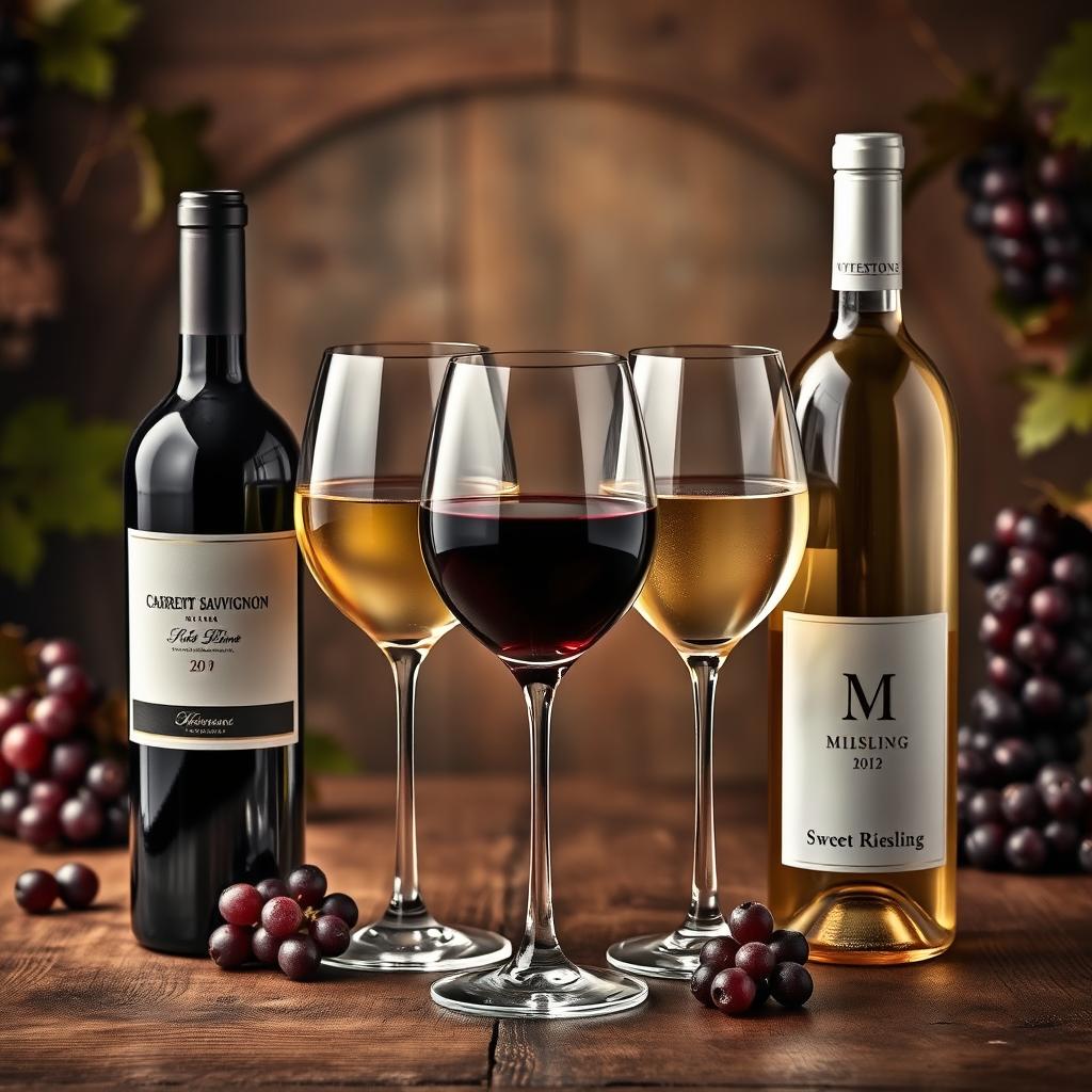 An elegant and sophisticated still life composition showcasing various types of wine, including a rich Cabernet Sauvignon, a crisp Sauvignon Blanc, a smooth Merlot, and a sweet Riesling