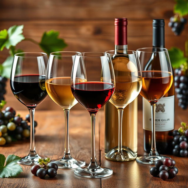 An elegant and sophisticated still life composition showcasing various types of wine, including a rich Cabernet Sauvignon, a crisp Sauvignon Blanc, a smooth Merlot, and a sweet Riesling