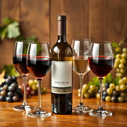 An elegant and sophisticated still life composition showcasing various types of wine, including a rich Cabernet Sauvignon, a crisp Sauvignon Blanc, a smooth Merlot, and a sweet Riesling
