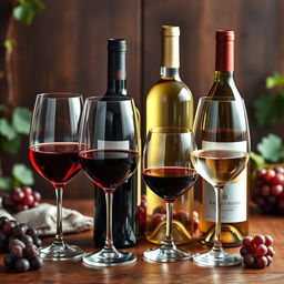 An elegant and sophisticated still life composition showcasing various types of wine, including a rich Cabernet Sauvignon, a crisp Sauvignon Blanc, a smooth Merlot, and a sweet Riesling