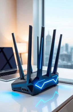A sleek, modern computer networking router designed with a futuristic aesthetic