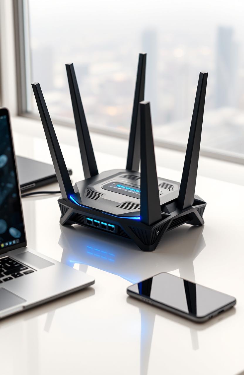 A sleek, modern computer networking router designed with a futuristic aesthetic