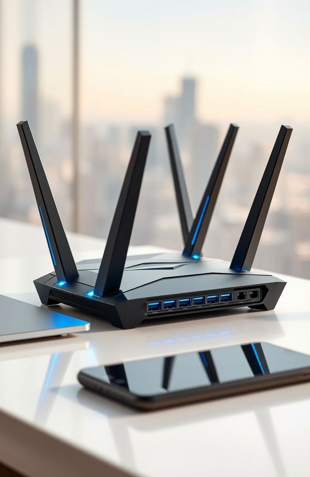 A sleek, modern computer networking router designed with a futuristic aesthetic