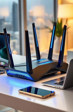 A sleek, modern computer networking router designed with a futuristic aesthetic