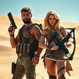 An adventurous duo in the desert: A rugged hero with a bronzed complexion, wearing tactical gear, stands proudly next to a striking warrior with long flowing blonde hair