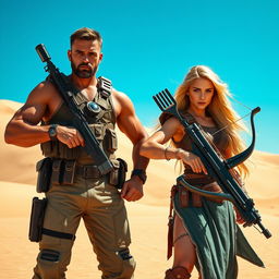 An adventurous duo in the desert: A rugged hero with a bronzed complexion, wearing tactical gear, stands proudly next to a striking warrior with long flowing blonde hair