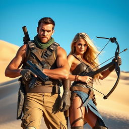 An adventurous duo in the desert: A rugged hero with a bronzed complexion, wearing tactical gear, stands proudly next to a striking warrior with long flowing blonde hair