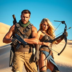 An adventurous duo in the desert: A rugged hero with a bronzed complexion, wearing tactical gear, stands proudly next to a striking warrior with long flowing blonde hair