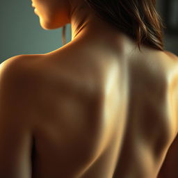 A close-up, artistic view of a woman's back featuring intricate details of her skin texture, highlighting curves and natural beauty