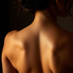 A close-up, artistic view of a woman's back featuring intricate details of her skin texture, highlighting curves and natural beauty