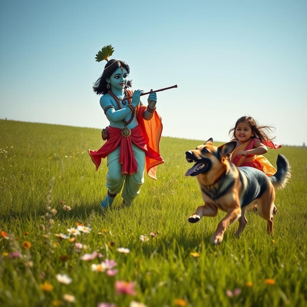 A serene scene of Lord Krishna, depicted in traditional attire with a playful expression, playing fetch with an Indian girl, who is wearing colorful traditional Indian clothing