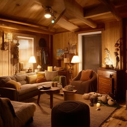 A room filled with various pieces of furniture and decor, featuring a cozy atmosphere with warm lighting