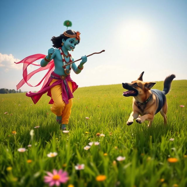 A serene scene of Lord Krishna, depicted in traditional attire with a playful expression, playing fetch with an Indian girl, who is wearing colorful traditional Indian clothing