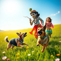 A serene scene of Lord Krishna, depicted in traditional attire with a playful expression, playing fetch with an Indian girl, who is wearing colorful traditional Indian clothing