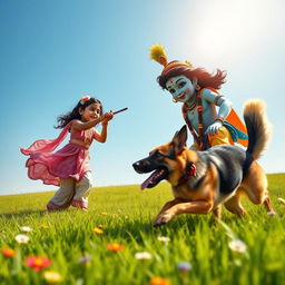 A serene scene of Lord Krishna, depicted in traditional attire with a playful expression, playing fetch with an Indian girl, who is wearing colorful traditional Indian clothing