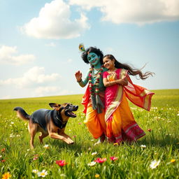 A serene scene in a vast green field, featuring Lord Krishna, adorned in traditional Indian attire with a peacock feather in his crown