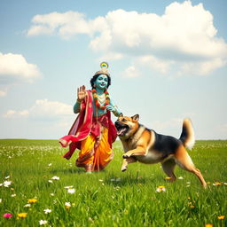 A serene scene in a vast green field, featuring Lord Krishna, adorned in traditional Indian attire with a peacock feather in his crown