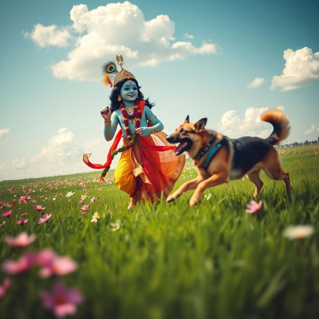 A serene scene in a vast green field, featuring Lord Krishna, adorned in traditional Indian attire with a peacock feather in his crown