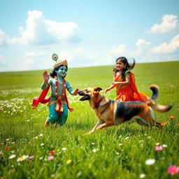 A serene scene in a vast green field, featuring Lord Krishna, adorned in traditional Indian attire with a peacock feather in his crown