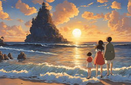 Detailed Studio Ghibli poster featuring an expansive ocean under a setting sun with excellent use of lighting