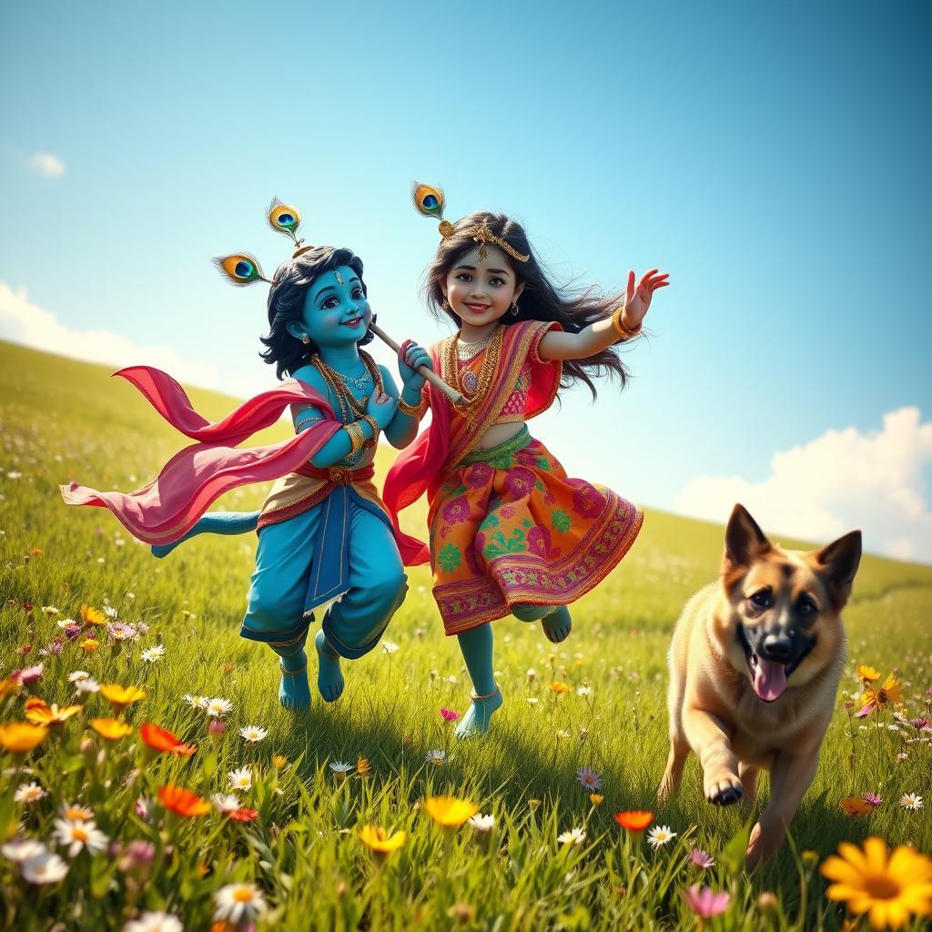 A delightful scene depicting Lord Krishna, dressed in traditional Indian attire with a vibrant blue complexion and a peacock feather in his crown, joyfully playing with a cheerful Indian girl who wears a colorful lehenga