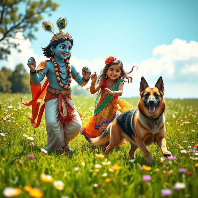 A delightful scene depicting Lord Krishna, dressed in traditional Indian attire with a vibrant blue complexion and a peacock feather in his crown, joyfully playing with a cheerful Indian girl who wears a colorful lehenga