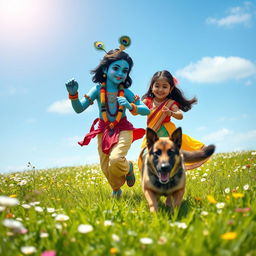 A delightful scene depicting Lord Krishna, dressed in traditional Indian attire with a vibrant blue complexion and a peacock feather in his crown, joyfully playing with a cheerful Indian girl who wears a colorful lehenga