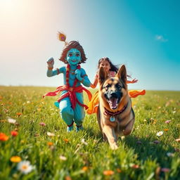 A delightful scene depicting Lord Krishna, dressed in traditional Indian attire with a vibrant blue complexion and a peacock feather in his crown, joyfully playing with a cheerful Indian girl who wears a colorful lehenga
