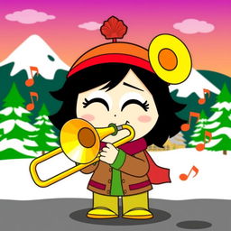 A cartoon character based on Sophie with a trombone, designed in the iconic South Park animation style